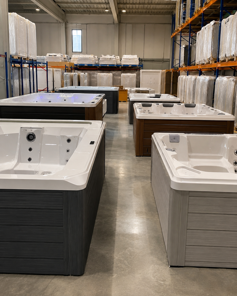 Diversi modelli di spa Joyee disponibili in magazzino con configurazioni e finiture differenti