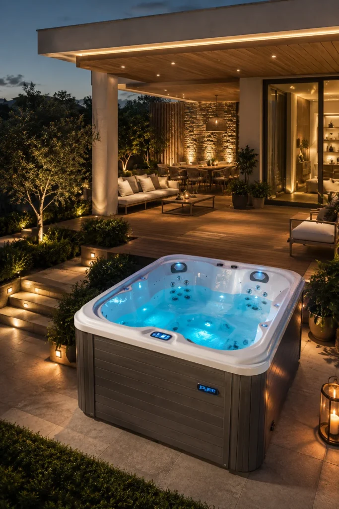 Piscina idromassaggio da esterno in un ambiente domestico curato