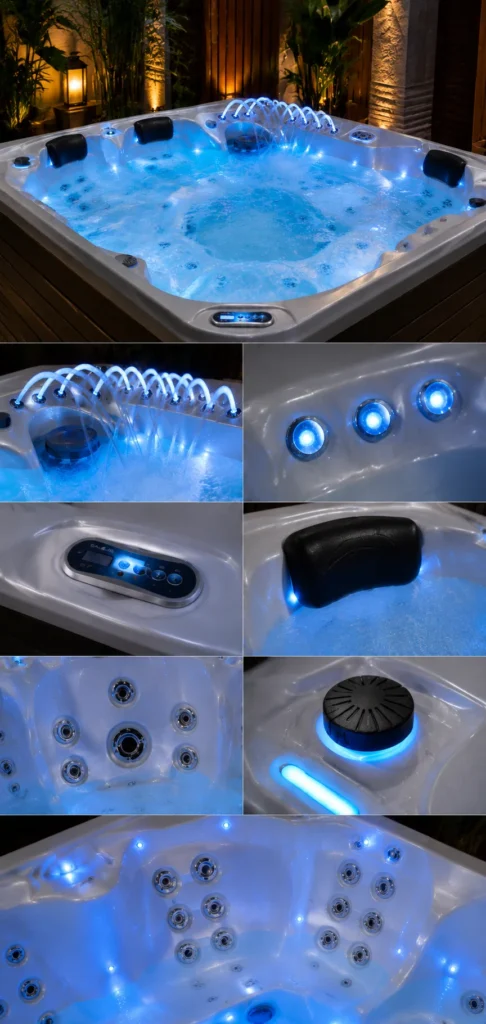 Dettagli di piscine idromassaggio Joyee con finiture e getti idromassaggio