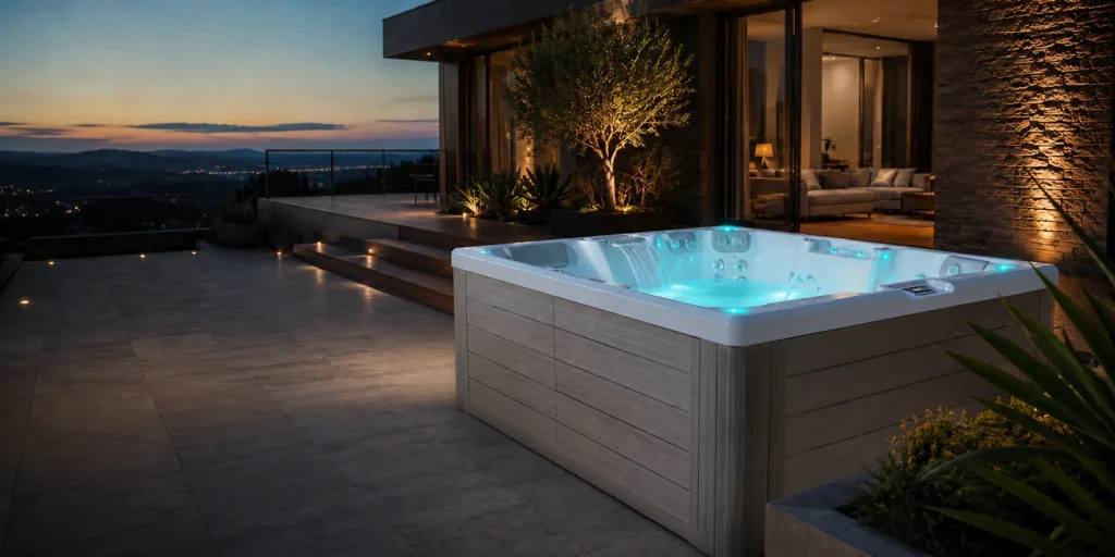 Piscina idromassaggio Joyee illuminata in un elegante ambiente outdoor contemporaneo.