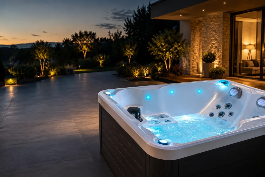Dettaglio di piscina idromassaggio Joyee con acqua illuminata e finiture premium
