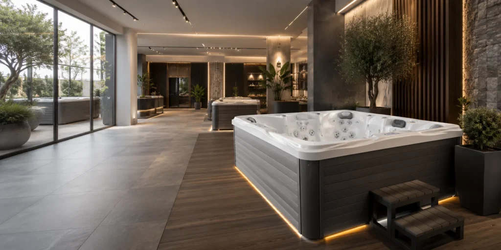 Showroom Joyee con piscina idromassaggio esposta in ambiente moderno