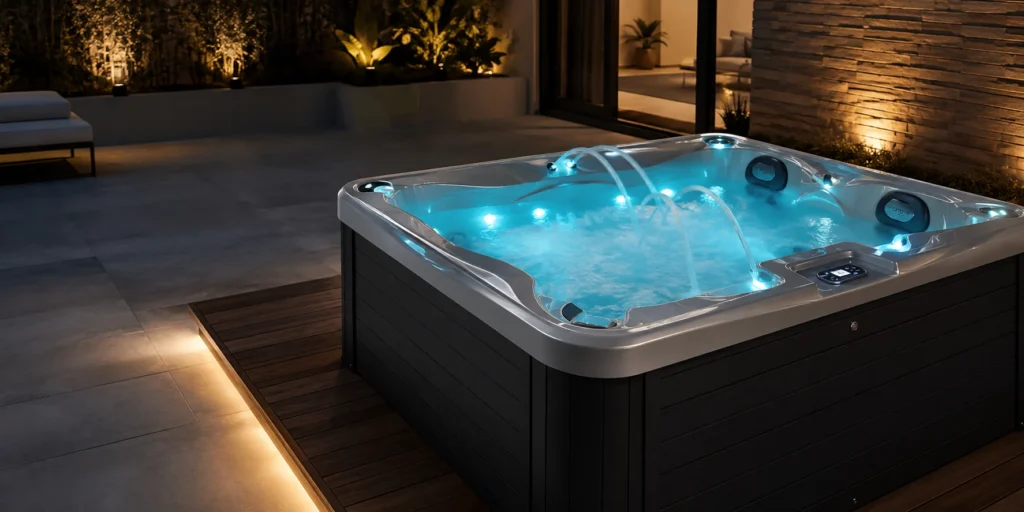 Dettaglio di piscina idromassaggio Joyee con acqua illuminata, getti e finiture premium