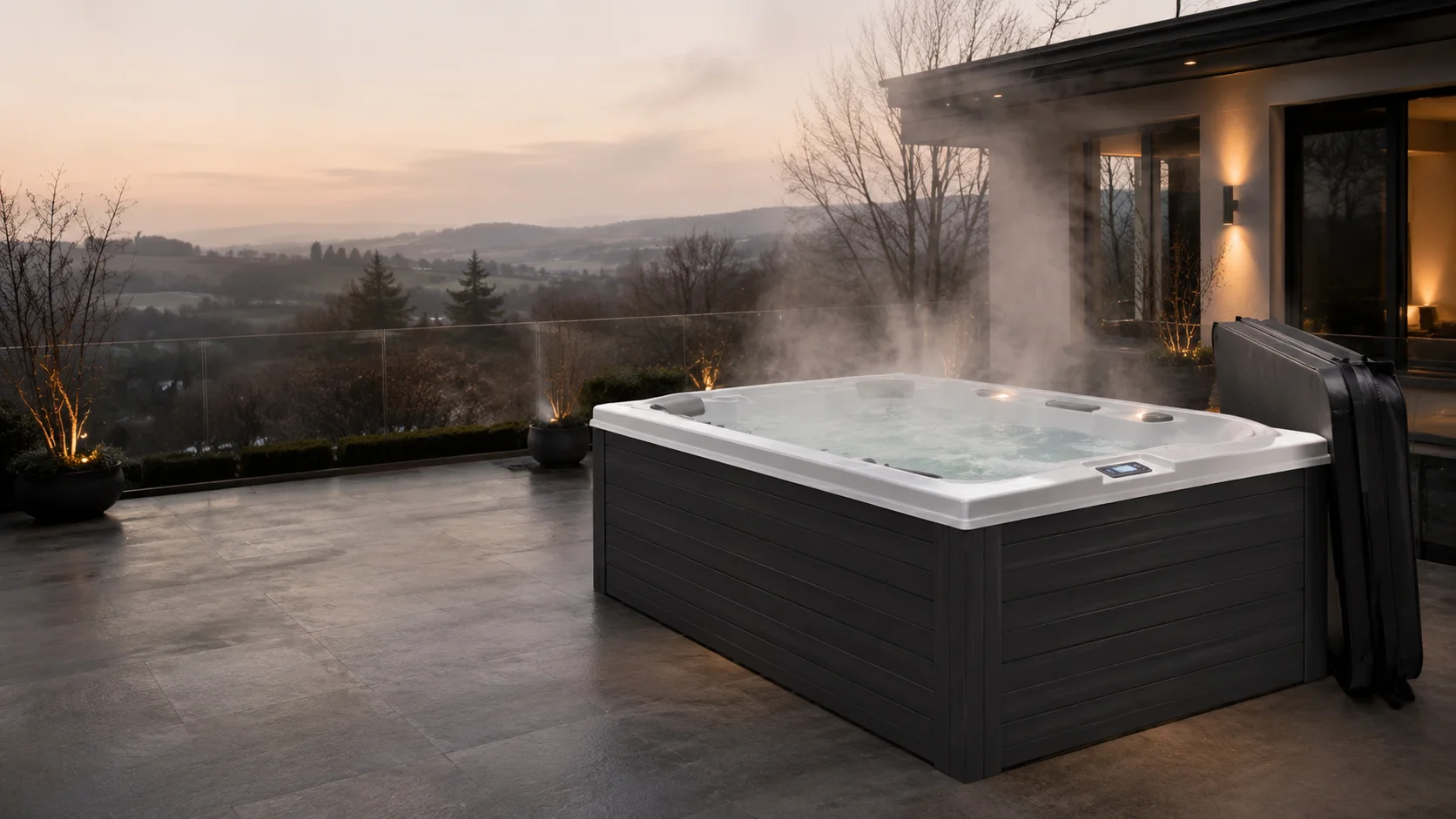 Spa Joyee da esterno con acqua calda e copertura termica in un ambiente invernale