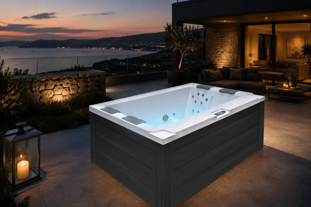 Piscina idromassaggio Joyee installata nel patio di una casa contemporanea