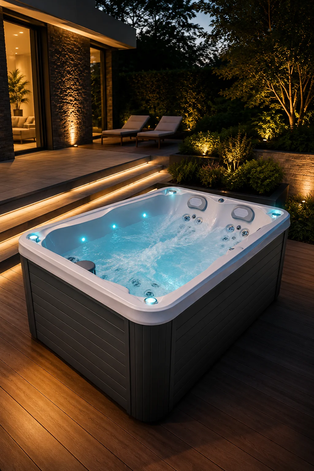 Piscina idromassaggio Joyee in ambiente outdoor elegante pronta per l’uso quotidiano