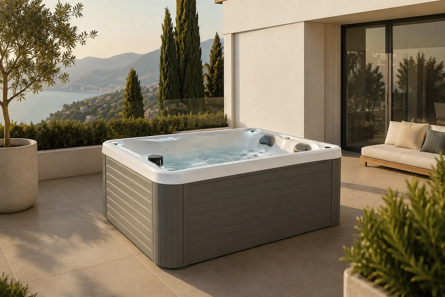 Spa idromassaggio Joyee da esterno con pannellatura moderna inserita in un ambiente residenziale contemporaneo