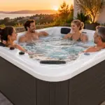 Piscina idromassaggio Cologne Joyee a 4 posti con persone in relax su una terrazza al tramonto