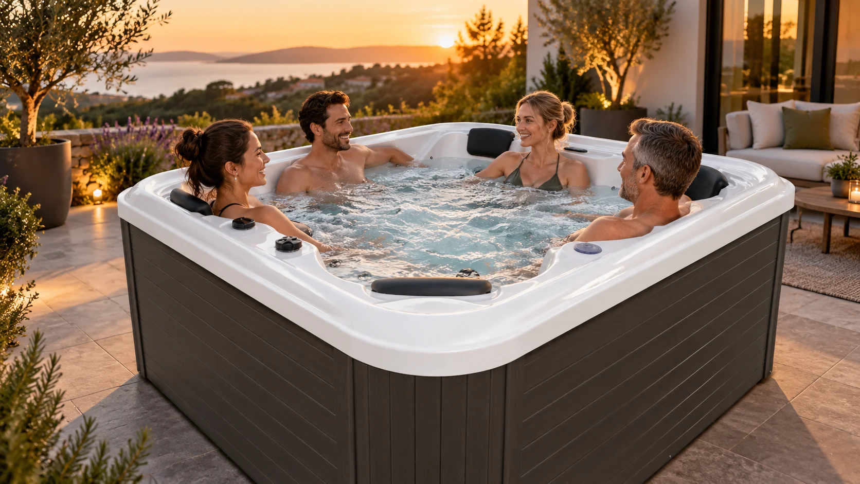 Piscina idromassaggio Cologne Joyee a 4 posti con persone in relax su una terrazza al tramonto
